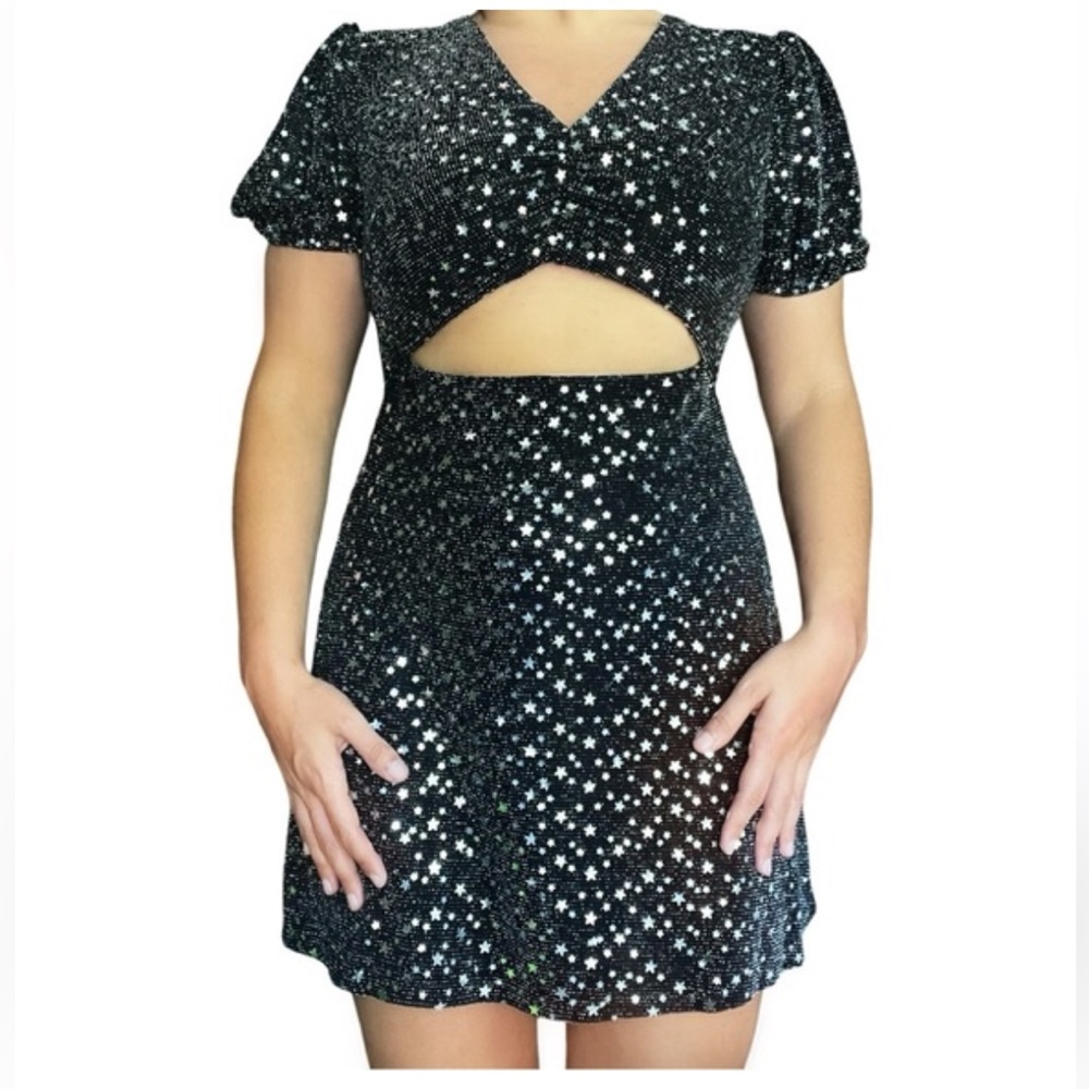 Altar’d State puff sleeve star sequin silver cut out black sparkly slinky dress - Picture 8 of 8